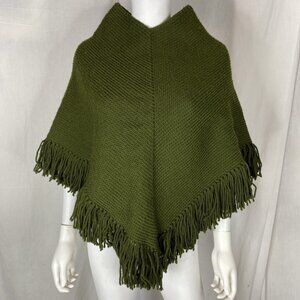 VTG Handmade Knit Crochet Poncho With Fringe Olive Green sz XS Small 60s granny